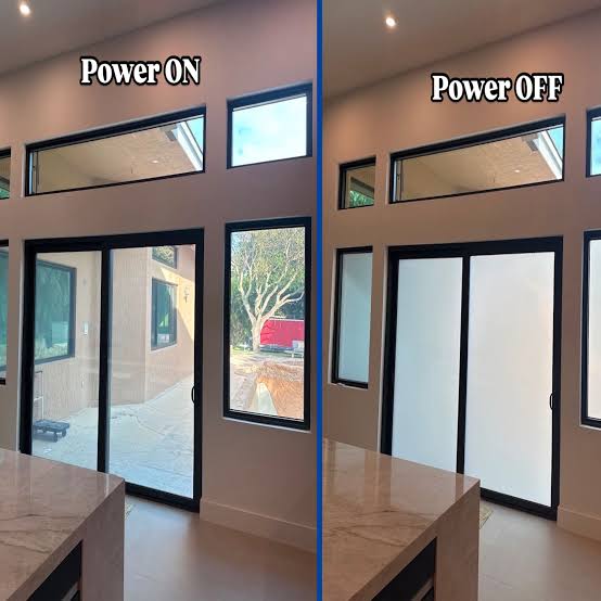 Smart film windows shown clear (power on) and frosted (power off)